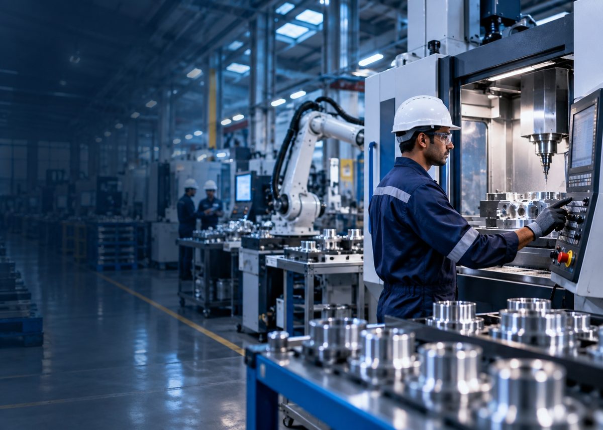 Technician in a hard hat operating production machinery on a factory floor