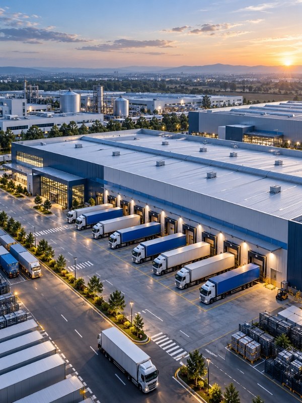 Aerial view of a manufacturing plant with trucks at loading bays at sunset