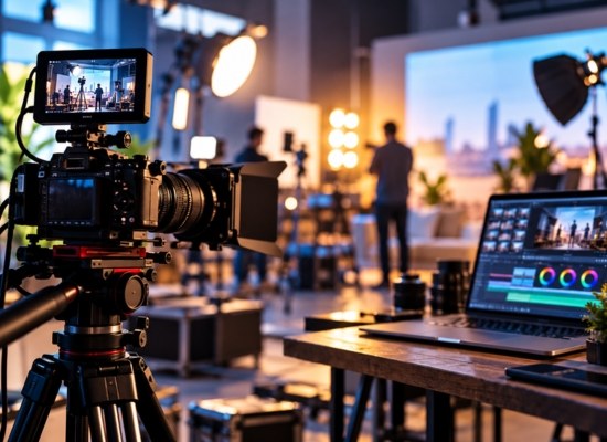 Cinema camera on set beside an editing laptop