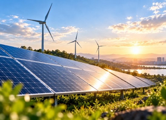 Solar panels and wind turbines at sunrise