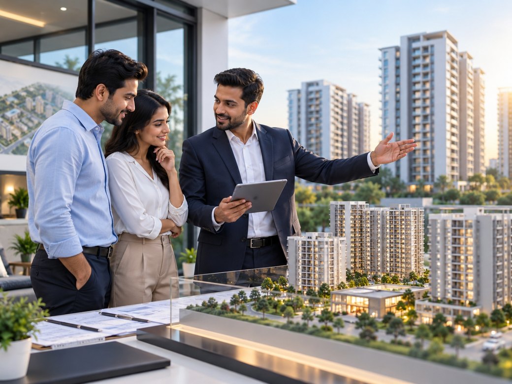 Property advisor presenting a residential township model to a couple