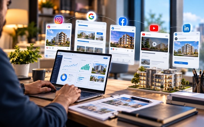 Property listings on a laptop with social media ad icons