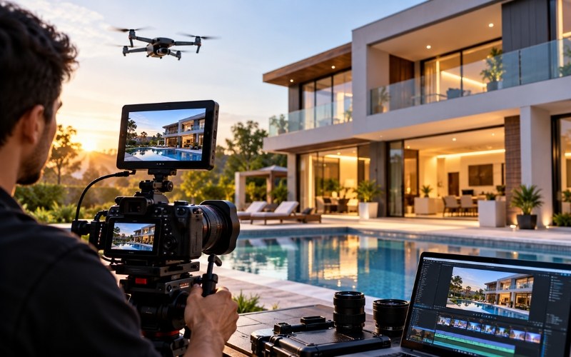 Videographer and drone filming a luxury villa with a pool