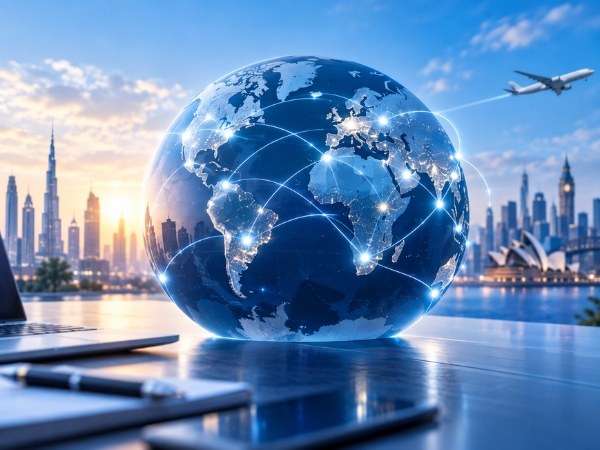 Glowing globe with network lines in front of world city skylines