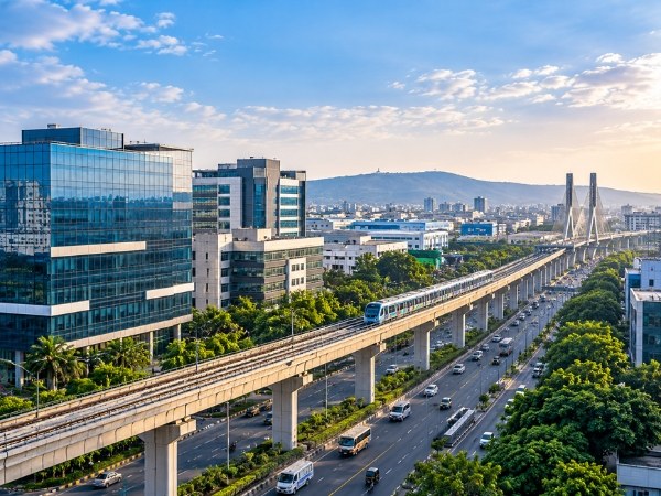 Metro line running past glass office towers in Pimpri-Chinchwad