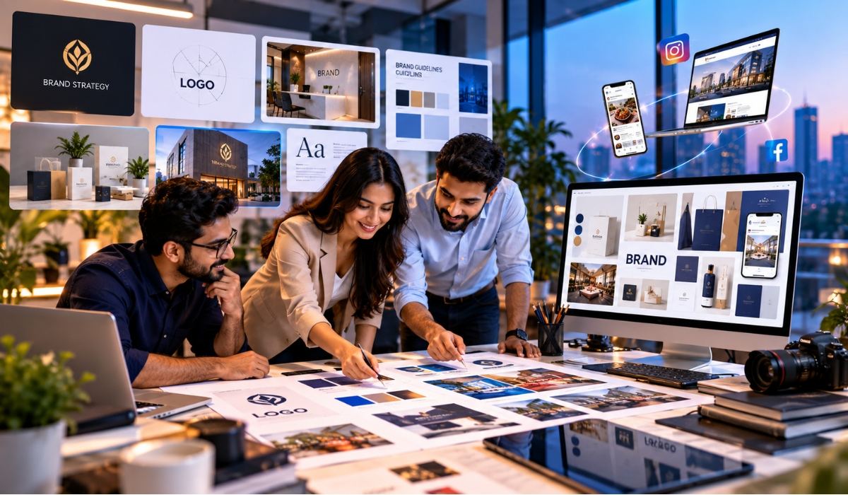 Design team reviewing logo and brand layouts on a table