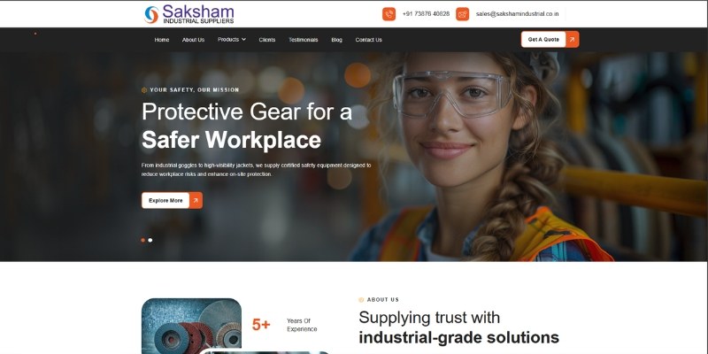Saksham Industrial Suppliers website homepage featuring protective safety gear