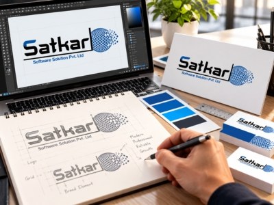Satkar logo sketches with a pen and colour swatches