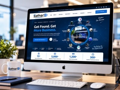 Satkar website on a desktop monitor: Get Found. Get More Business.