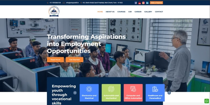 Unique Skill Development Center website homepage showing students in a training lab