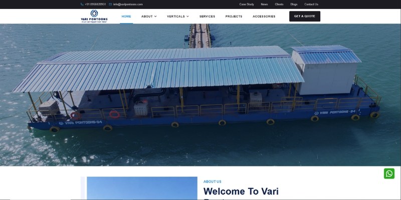 Vari Pontoons website homepage showing a floating pontoon on water
