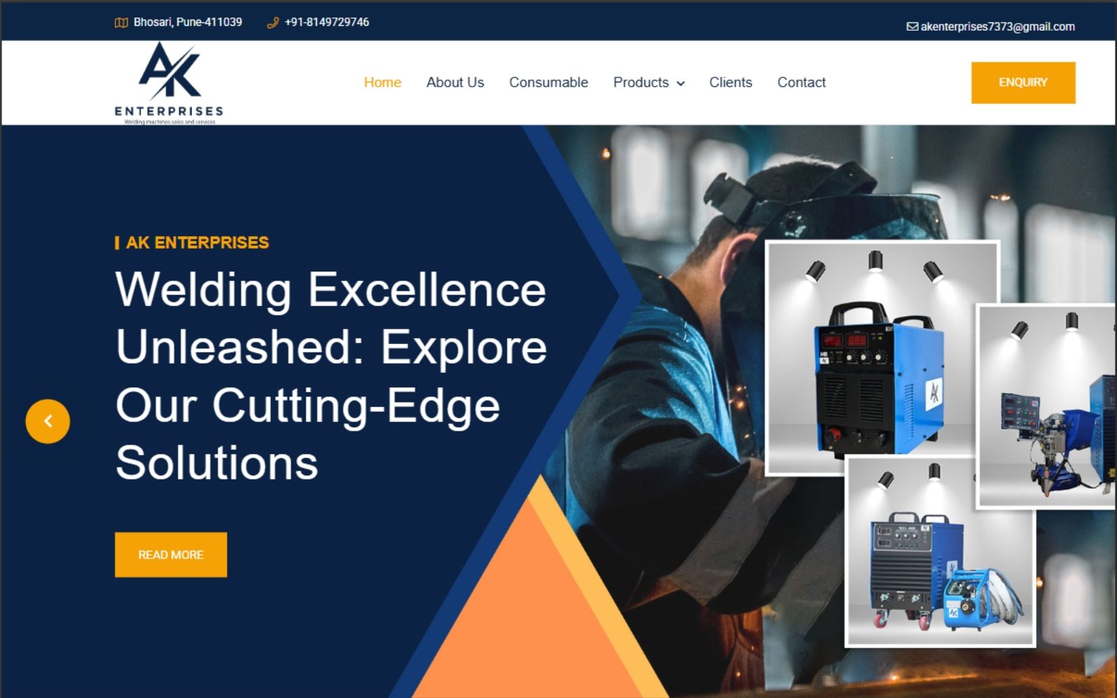 AK Enterprises website homepage featuring welding machines and a welder