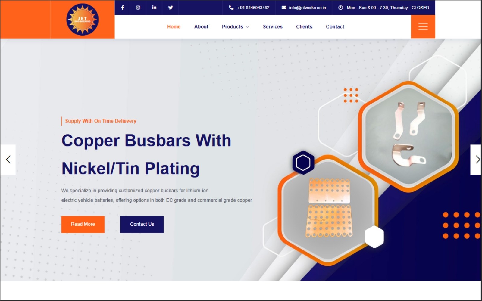 JET Engineering website homepage showing copper busbars with nickel and tin plating