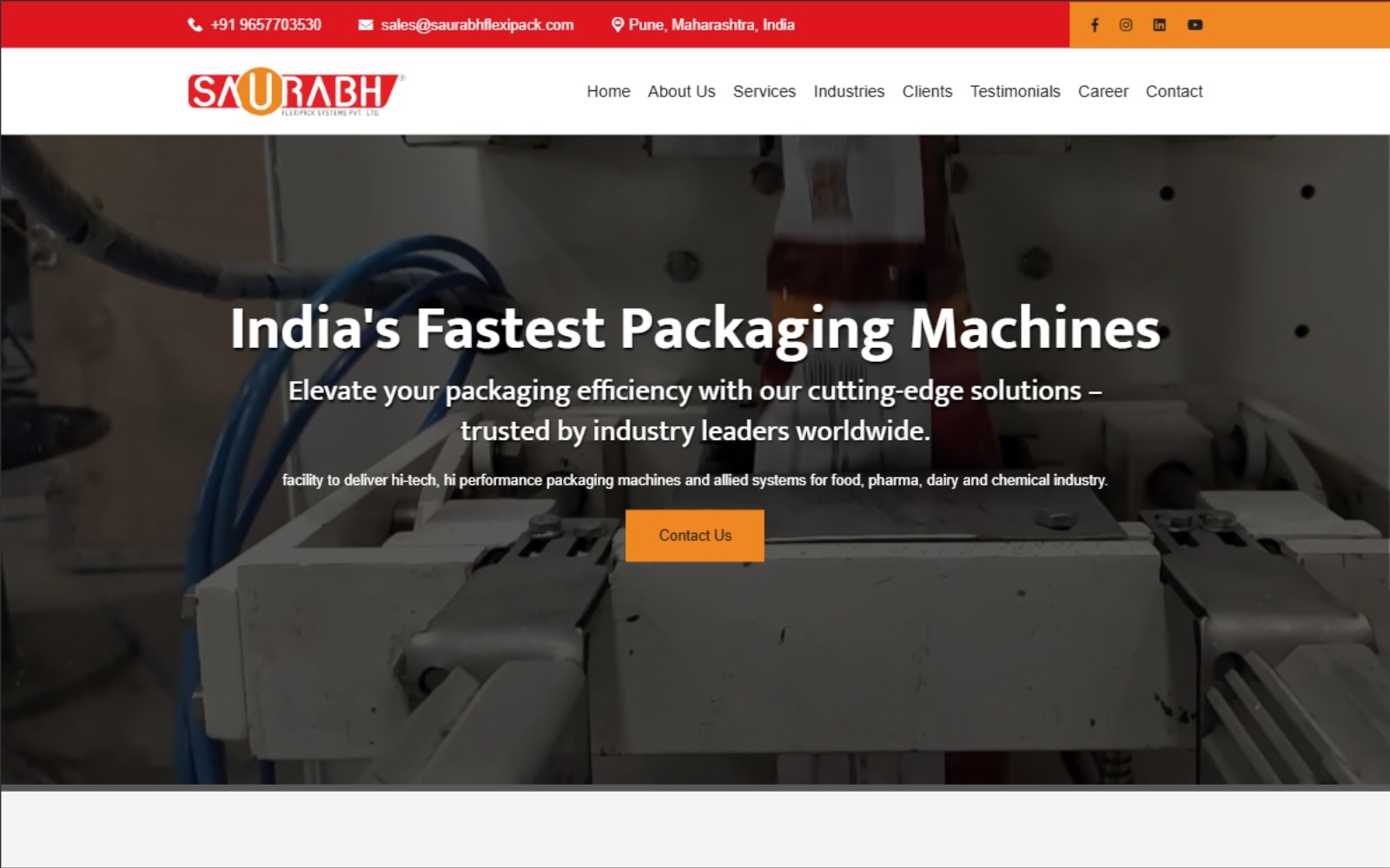 Saurabh Flexipack Systems website homepage featuring packaging machines