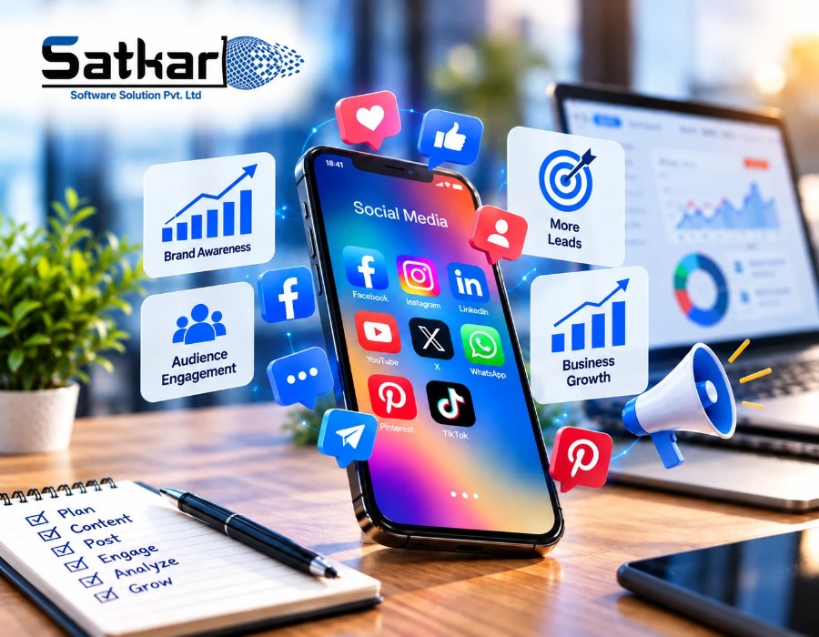 Smartphone surrounded by social media icons and engagement metrics