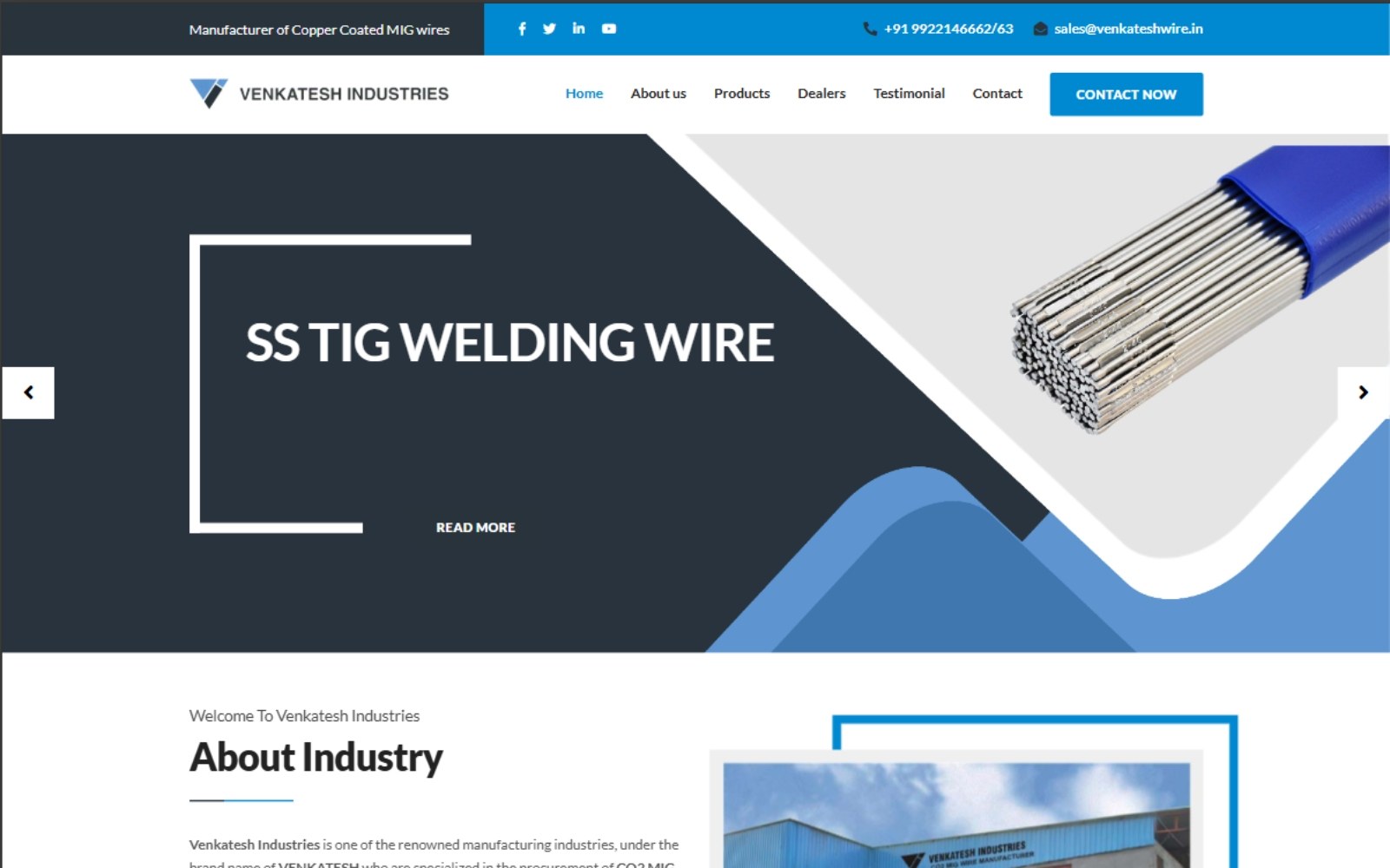 Venkatesh Industries website homepage showing SS TIG welding wire