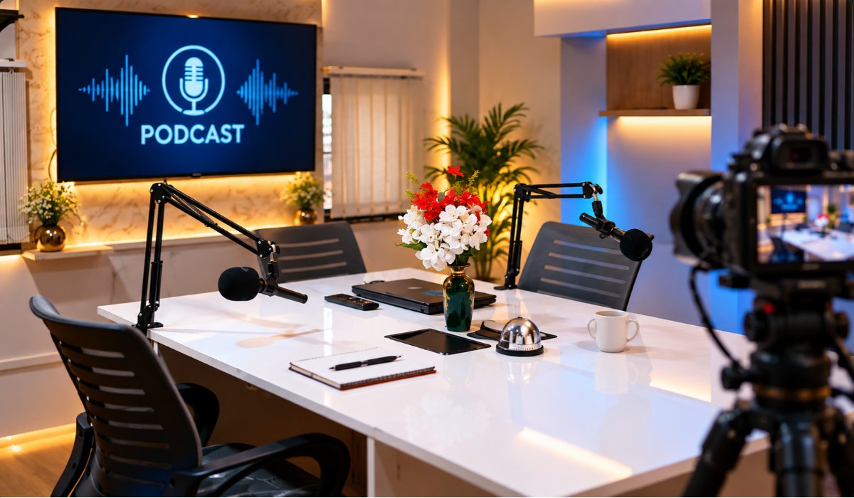 Podcast table with boom microphones and a camera under a PODCAST screen