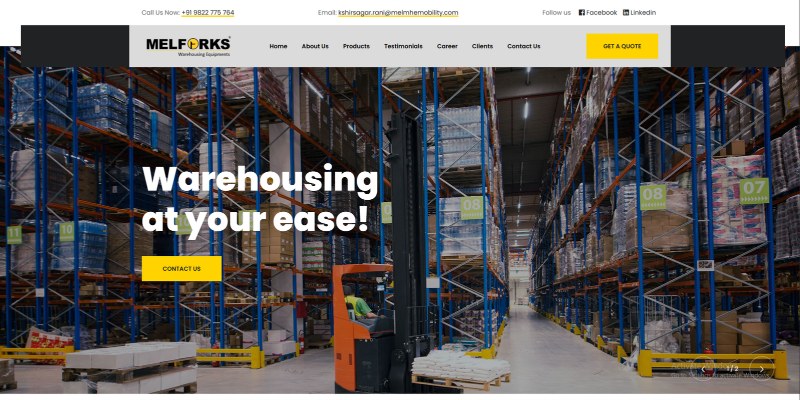 Melforks website homepage with warehouse racking and the headline Warehousing at your ease
