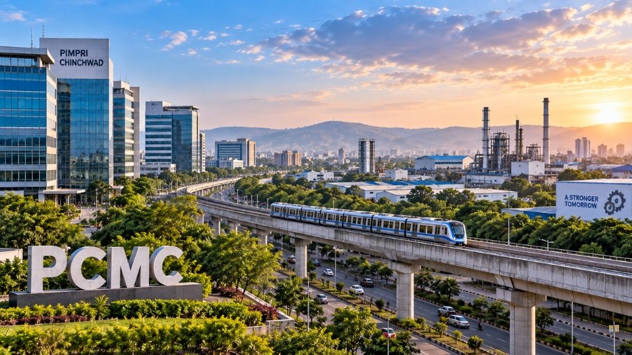 PCMC sign beside a metro line, office towers and factories in Pimpri-Chinchwad