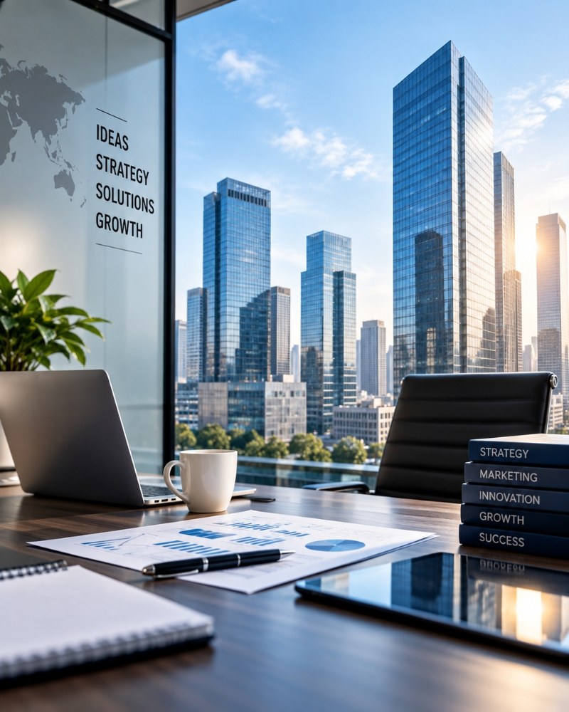 Office desk facing a city skyline behind glass printed with Ideas, Strategy, Solutions, Growth