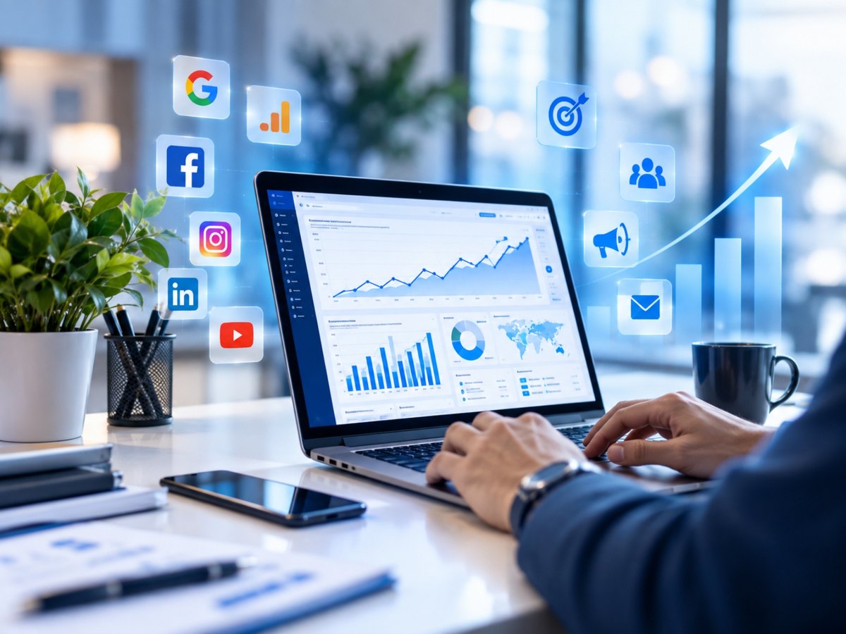 Marketer reviewing campaign analytics on a laptop surrounded by social media icons