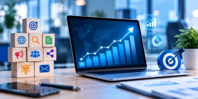 Laptop with a rising growth chart beside marketing channel blocks and a target