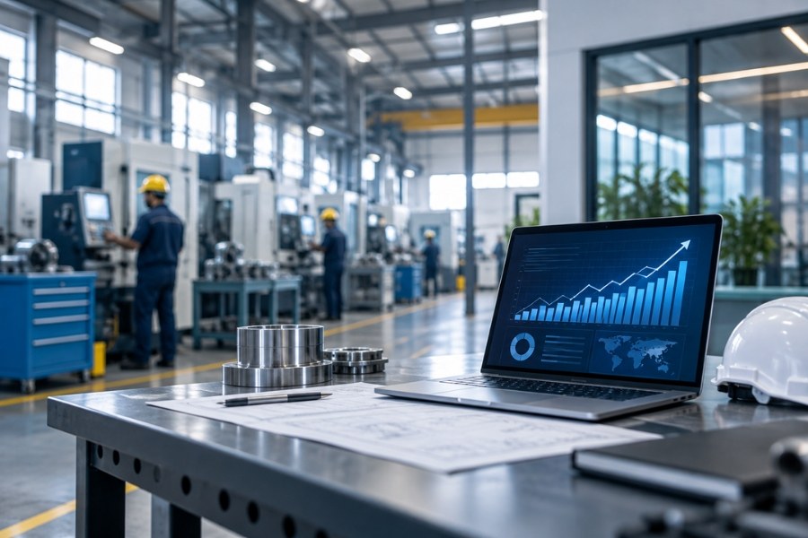 Laptop showing rising search traffic on a workbench inside a manufacturing plant