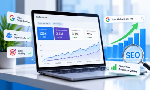 SEO performance dashboard with organic traffic and Google ranking metrics on a laptop