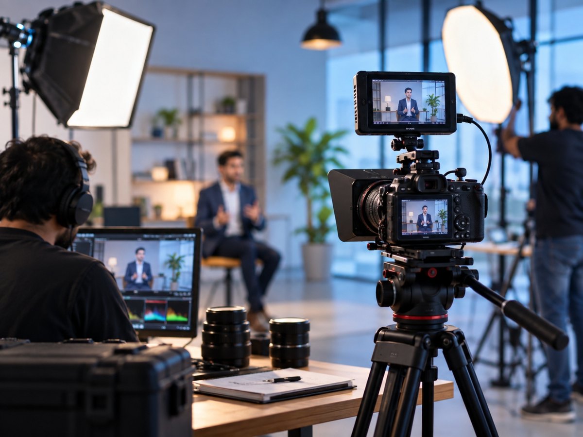 Video crew filming a business interview with a cinema camera and studio lights