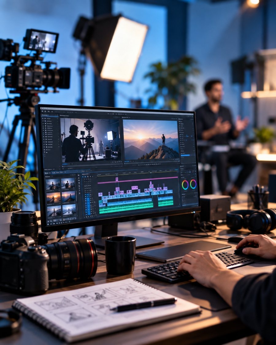Editor working on a video timeline at an editing workstation beside cameras