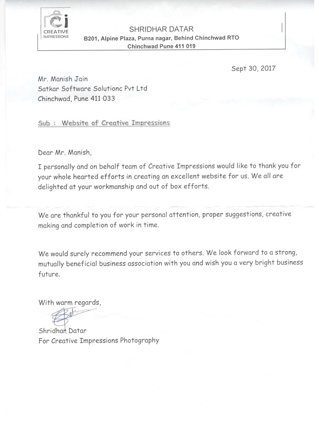 Creative Impressions Photography letter thanking Satkar for its website