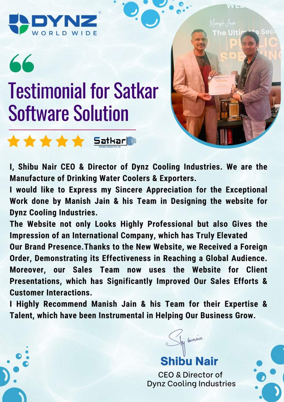 Testimonial from Shibu Nair, CEO of Dynz Cooling Industries, with five-star rating
