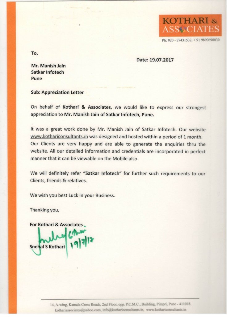 Kothari & Associates appreciation letter for a website by Satkar Infotech