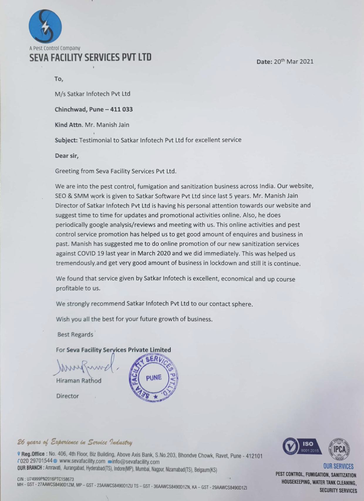 Seva Facility Services Pvt. Ltd. appreciation letter to Satkar Infotech