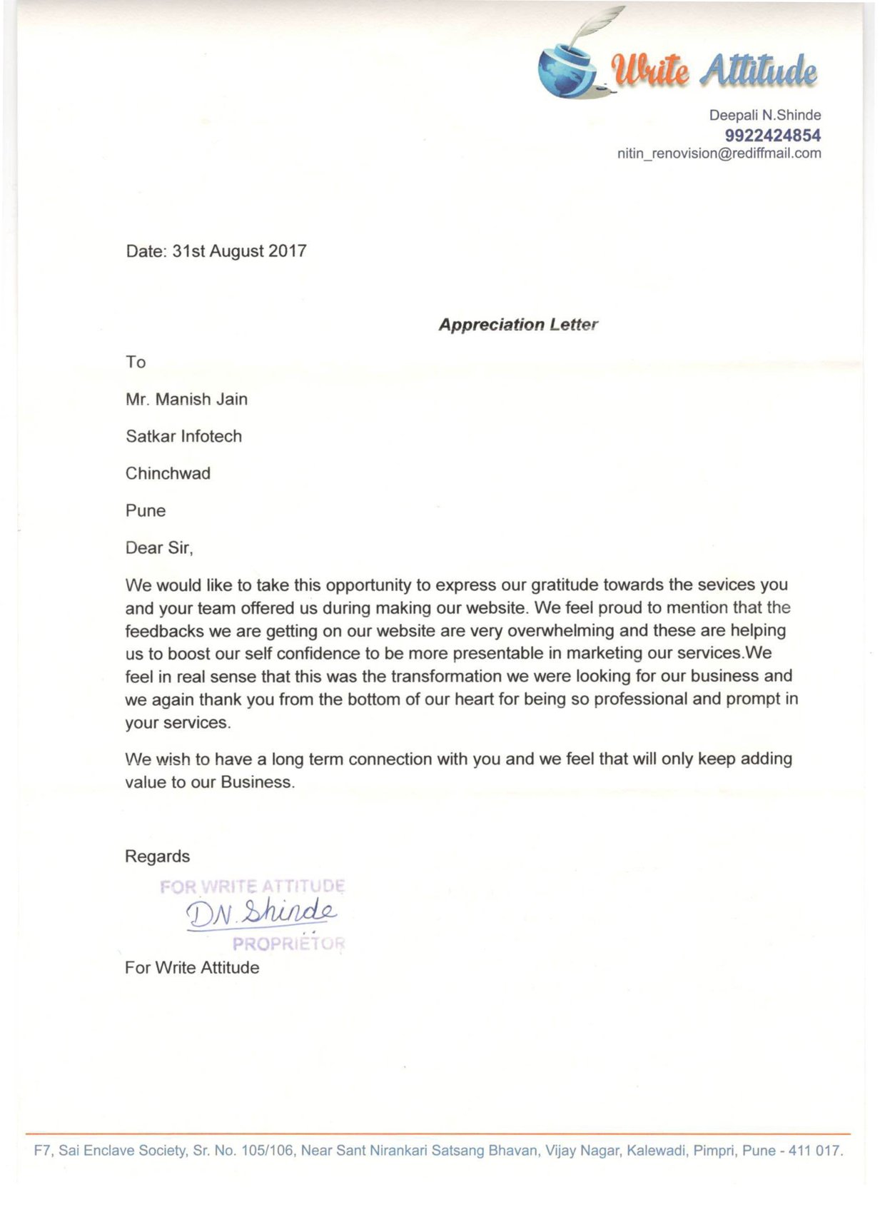 Write Attitude appreciation letter to Satkar Infotech
